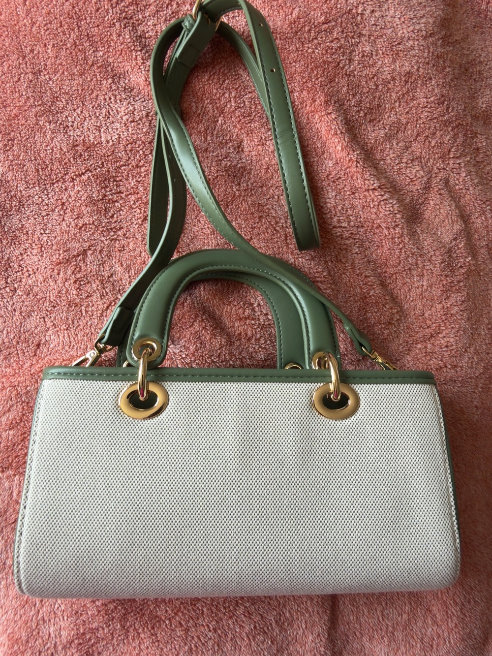 Green Trim White Canvas Shoulder Bag - Neutral Everyday Tote